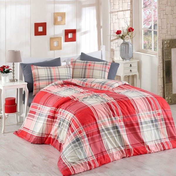 Lenjerie de pat Ranforce Bahar Home Alexia V1 cu design clasic în carouri mari roșii și gri pe fundal alb