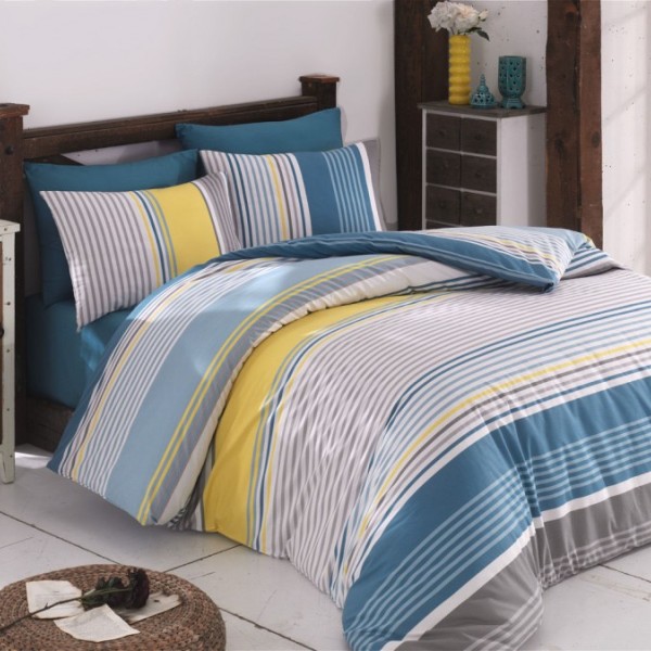 Lenjerie de pat Ranforce Bahar Home Citatic cu design modern în dungi albastre, galbene și gri pe fundal alb
