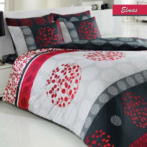 Lenjerie de pat ranforce Bahar Home Elmas v2 cu design modern, cercuri mari roșii cu motive vegetale și cercuri mici gri pe fundal alb, negru și gri