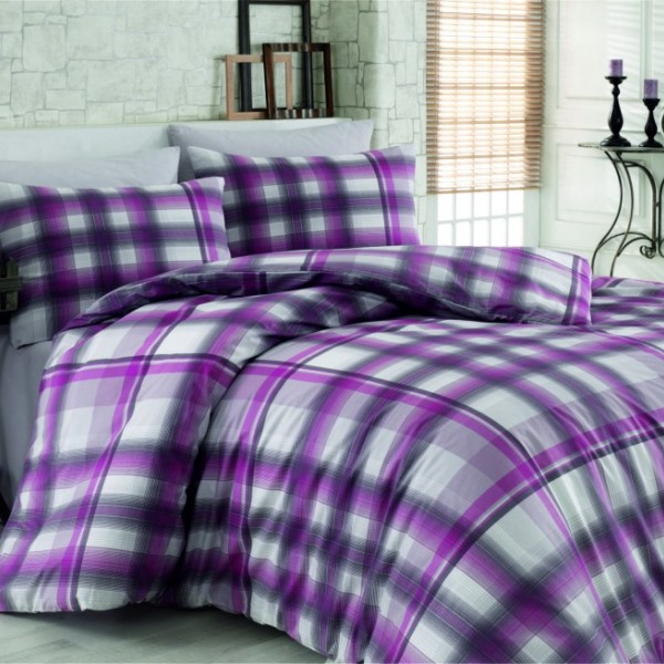 Lenjerie de pat ranforce Bahar Home Fantasia v3 cu design clasic în carouri mov, alb și gri