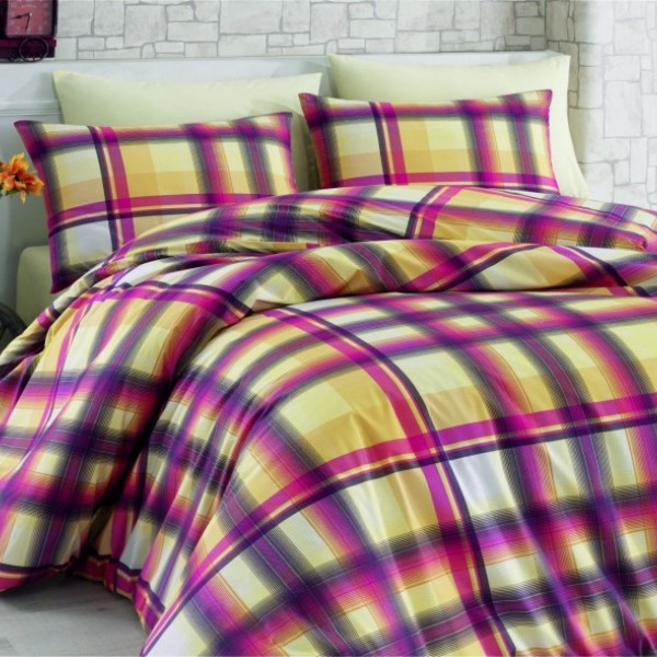 Lenjerie de pat ranforce Bahar Home Fantasia v5 cu design clasic în carouri galbene, mov și alb