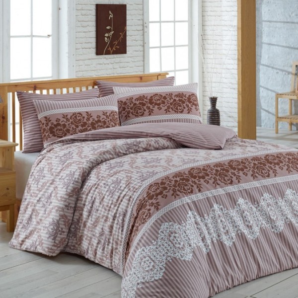 Lenjerie de pat ranforce Bahar Home Irene Brown cu design în dungi și modele florale maro și alb