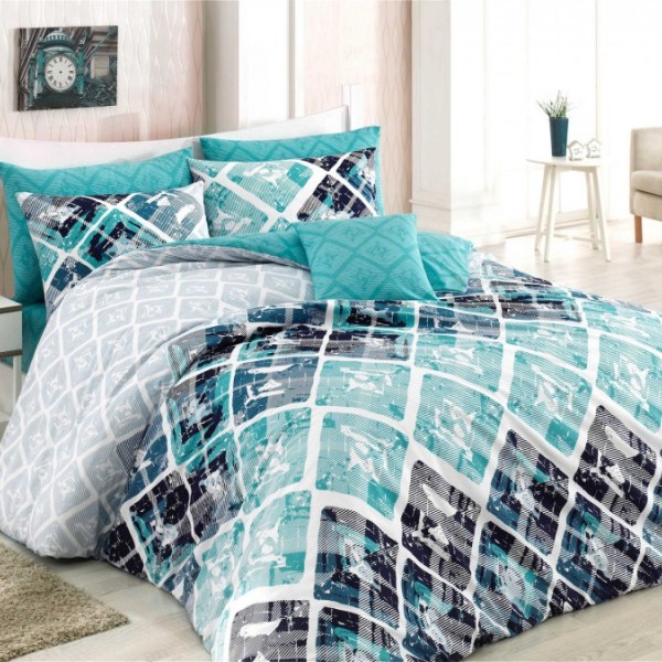 Lenjerie de pat Ranforce Bahar Riviera V3 cu design geometric modern în albastru, gri și alb