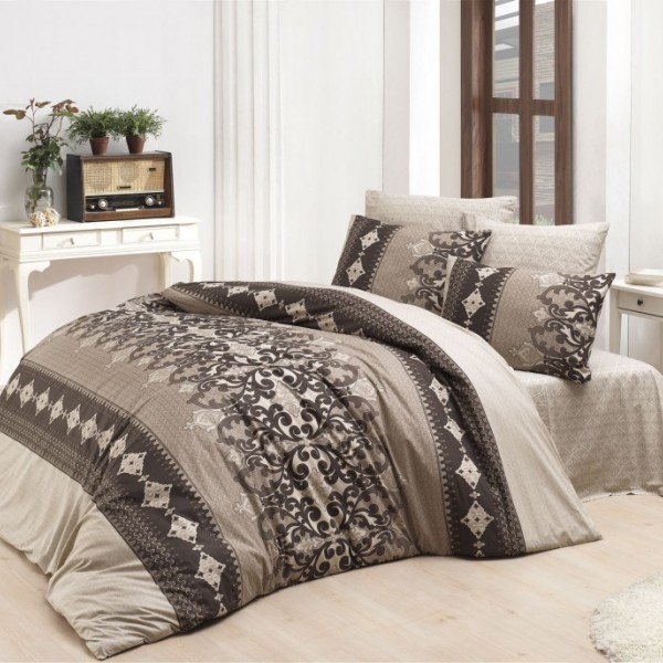 Lenjerie de pat Ranforce Bahar Valerie V3 cu design elegant în nuanțe de maro și bej decorată cu motive ornamentale și detalii geometrice
