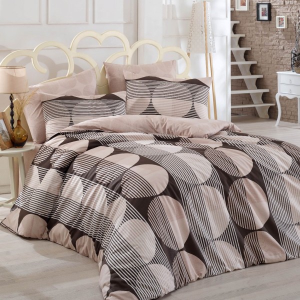 Lenjerie de pat Ranforce Bahar Zara V3 cu design modern în nuanțe de maro și bej decorată cu cercuri mari și dungi subtile