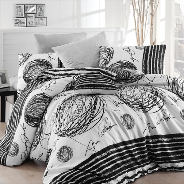 Lenjerie de pat dublu Blacky NR 165 cu design abstract în alb și negru.