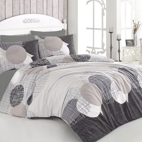 Lenjerie de pat Ranforce Jadore cu design geometric în nuanțe de gri, alb și bej.