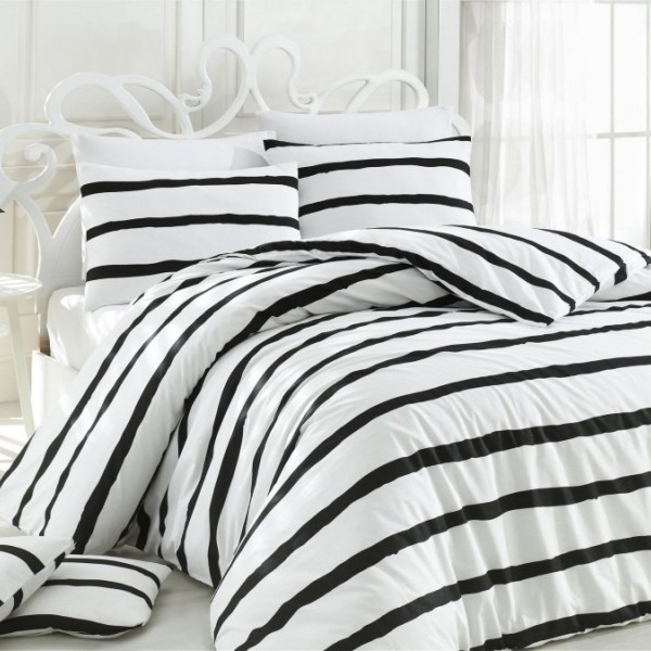 Lenjerie de pat din bumbac ranforce Nova cu design simplu în dungi alb-negru