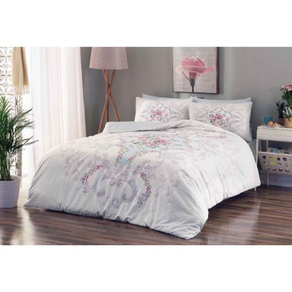 Lenjerie de pat din bumbac ranforce Yasmin Bleu cu design floral elegant, în nuanțe de bleu, alb și roz