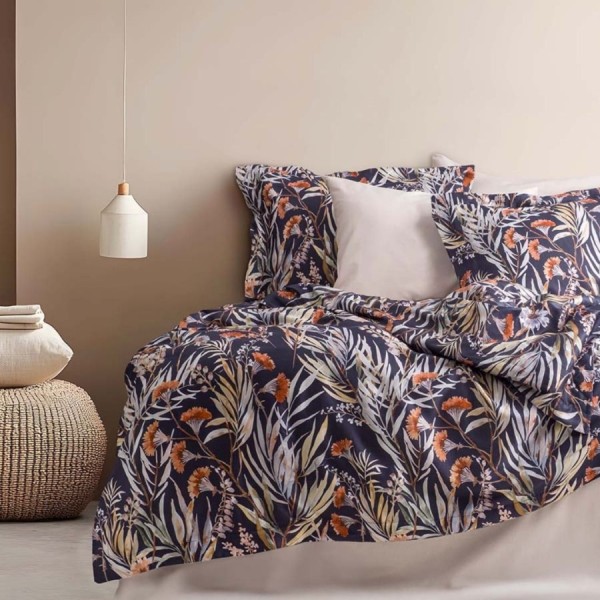 Lenjerie de pat satin de lux 6 piese Class Home Collection Marvin Bone cu imprimeu vegetal pe fundal inchis