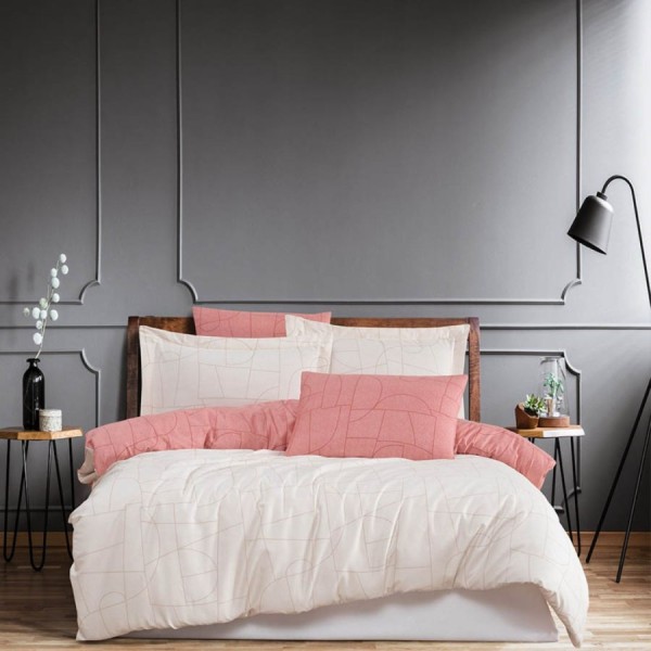 Lenjerie pat satin Nordic Kirmizi Roz Crem Class Home geometrica