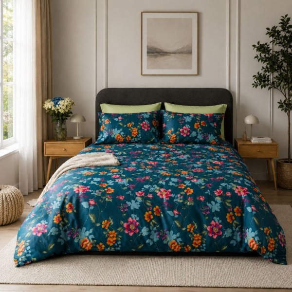 Lenjerie de pat satin de lux 6 piese Class Home Collection Tonia Floral cu imprimeu floral vibrant pe fundal albastru