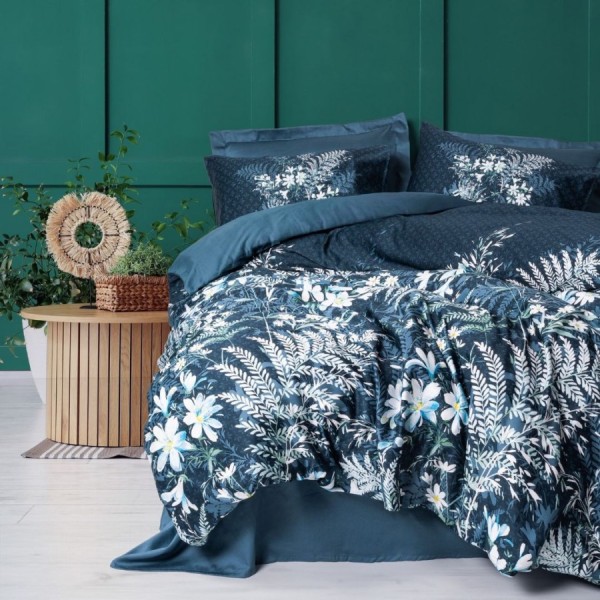 Lenjerie pat satin de lux 6 piese Cotton Box design cu frunze si flori Imvelo Albastru