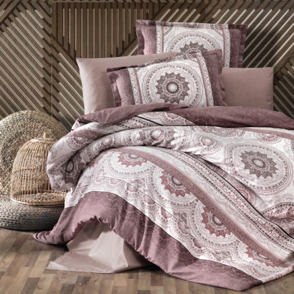 Lenjerie de pat Carmela V2 bumbac satinat maro și alb cu design mandala și detalii intricate