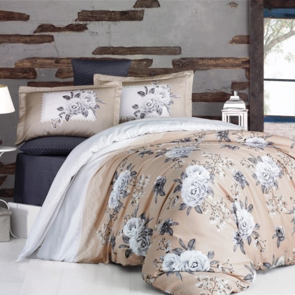 Lenjerie satinată din bumbac cu design floral bej-alb, 4 piese
