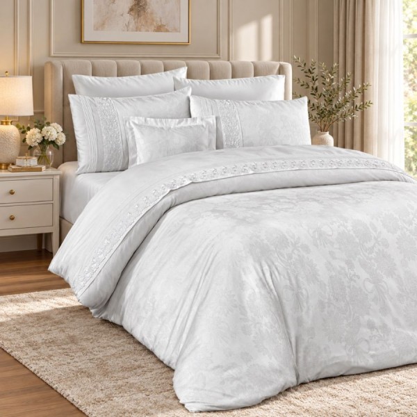 Lenjerie de Pat Satin de Lux VIP Moonlight, First Choice, Buhara, Jacquard Alb cu Dantela