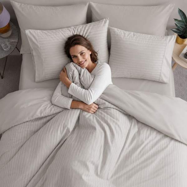 lenjerie pat bumbac satinat TAC Stripe gri deschis dungi fine eleganta hoteliera