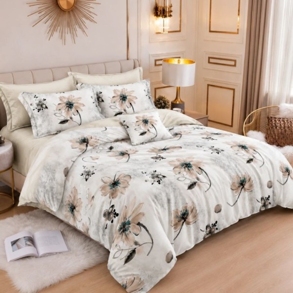 Lenjerie finet cu elastic 6 piese Flori bej 1, model floral bej cu accente turcoaz pe fundal deschis, cu cearsaf crem uni