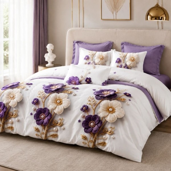 Lenjerie finet cu elastic 6 piese Flori mov si crem, model floral elegant in nuante de mov, crem si lila, cu cearsaf uni mov lila