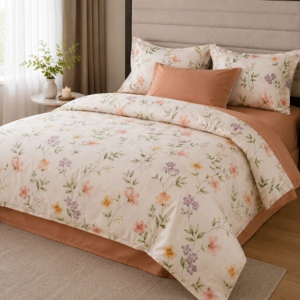 Lenjerie finet cu elastic 6 piese, model Flori pastel pe fundal crem deschis, cu cearsaf teracota uni