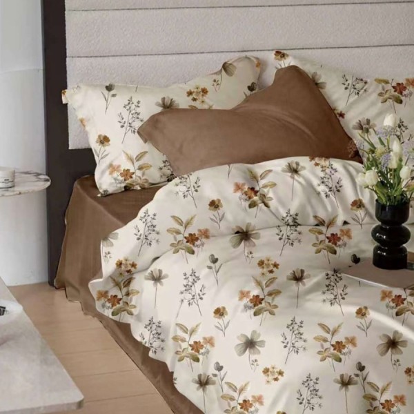 Lenjerie de pat finet cu elastic 6 piese flori delicate si frunze maro design elegant