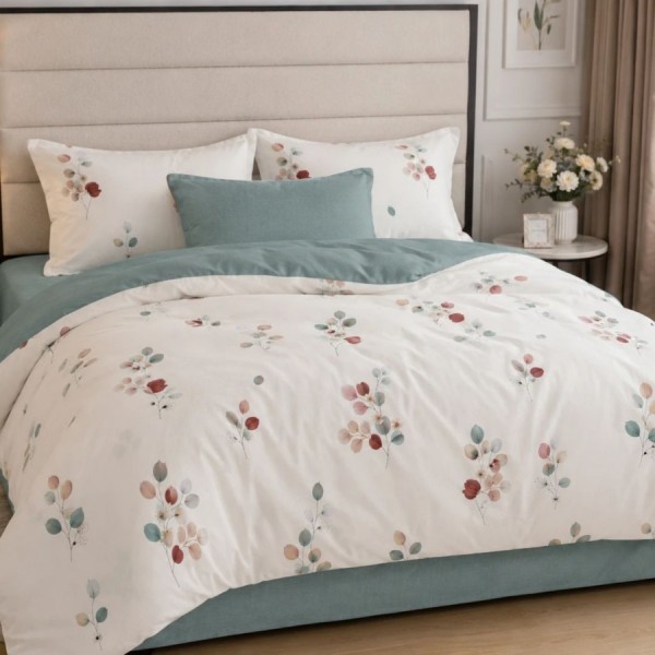 Lenjerie finet cu elastic 6 piese Frunze pastel, model vegetal in nuante pastelate pe fundal crem, cu cearsaf uni verde salvie-gri