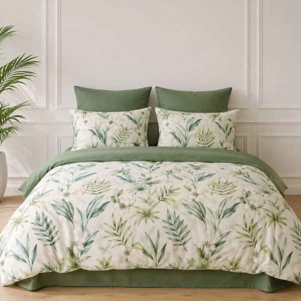 Lenjerie finet cu elastic 6 piese, model frunze tropicale pe fundal deschis, cu cearsaf verde uni