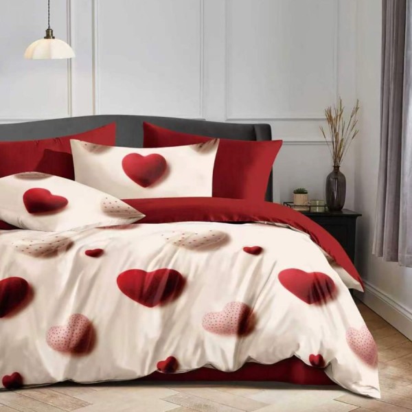 Lenjerie de pat finet cu elastic 6 piese model inimi rosii pe fundal crem