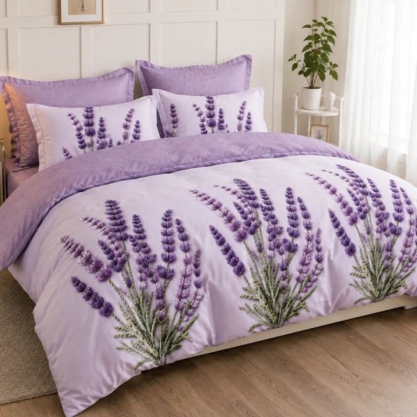 Lenjerie finet cu elastic 6 piese Lavanda, model cu flori de lavanda mov pe fundal lila deschis, cu cearsaf uni lila