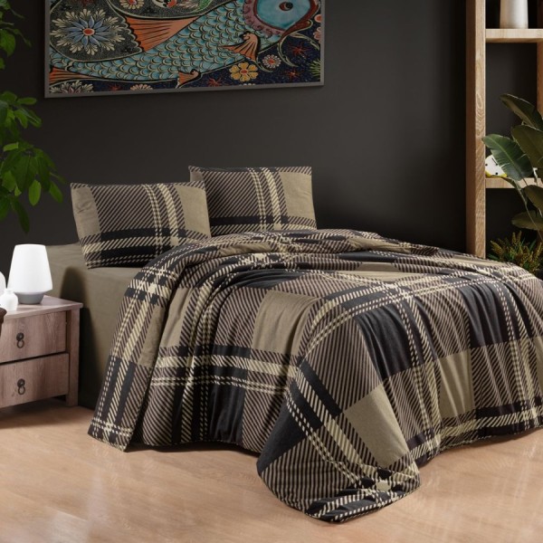 Lenjerie de pat dublu flanel Veldor Maro, cu model geometric, bumbac 100% calduroasa