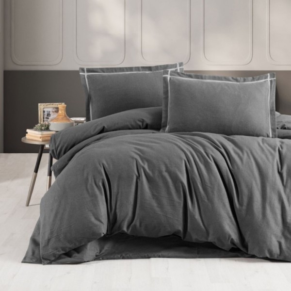 Lenjerie de pat dublu flanel Soprano Antracit, uni, bumbac 100% calduroasa si moale