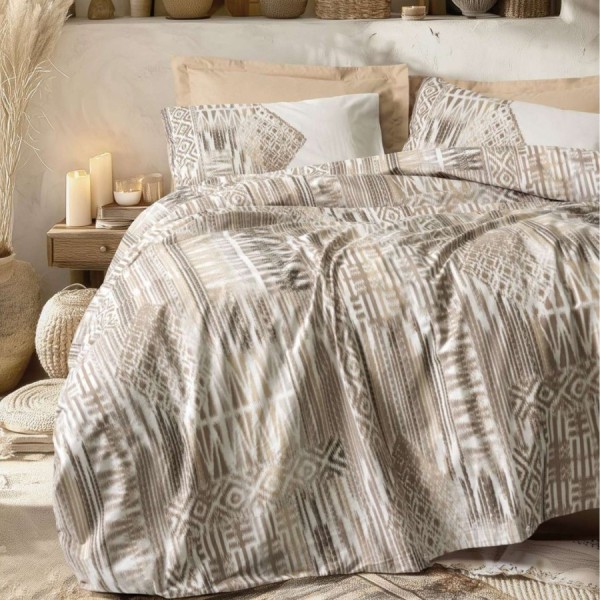 Lenjerie pat 1 persoana Cotton Box Amara Caramel bumbac ranforce cu model etnic geometric bej maro