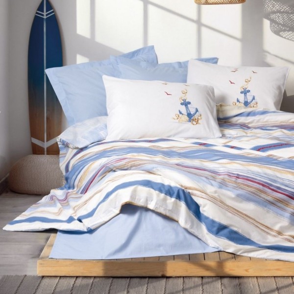 Set lenjerie pat 1 persoană Moreno Cotton Box din bumbac 100 % ranforce, imprimeu pescăruși pe fond crem, verso bleu denim