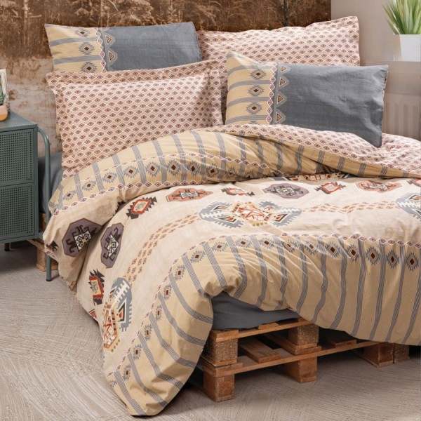 Lenjerie pat 1 persoana bumbac ranforce Dakota Gri/Bej Cotton Box geometric