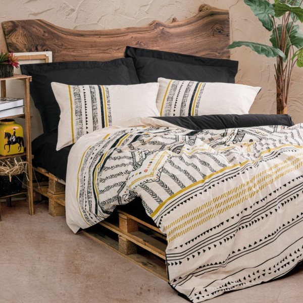 Lenjerie pat 1 persoana bumbac ranforce Elvira Black Cotton Box cu motive etnice