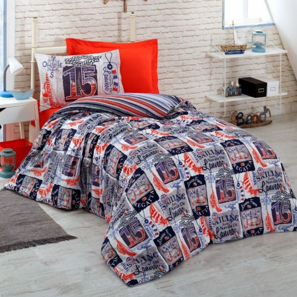 Lenjerie pat 1 persoana bumbac ranforce cu cearceaf plat Love Pudra Cotton Box