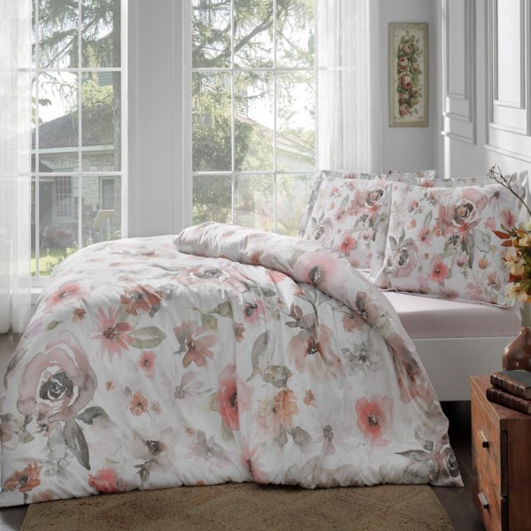lenjerie pat 1 persoana TAC Mako Satin Clara Somon cu imprimeu floral pastelat in nuante de somon si roz pudrat