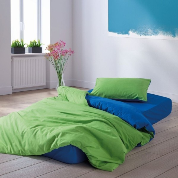 Lenjerie pat 1 persoană Sage reversibilă verde și albastru, bumbac ranforce 160x220 cm