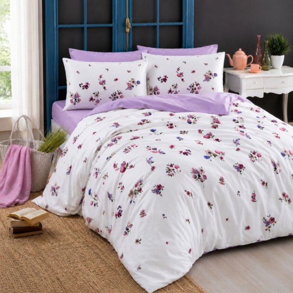 Lenjerie pat 1 persoana TAC Mako Satin Claude Lila cu flori de primavara multicolore si cearceaf lila pastel