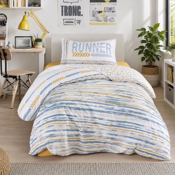 Lenjerie pat 1 persoana bumbac ranforce cu elastic Dashon Yellow cu imprimeu grafic RUNNER