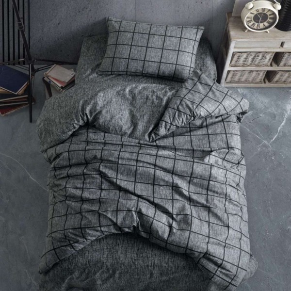 Lenjerie pat 1 persoana Cozy Home Kare Negru ranforce in patrate