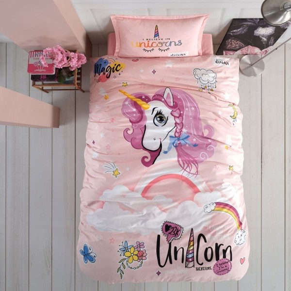 Lenjerie pat 1 persoana bumbac ranforce, model cu unicorn pentru fetite