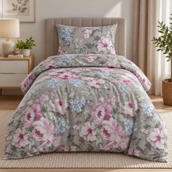 lenjerie pat 1 persoana Davida Gri bumbac ranforce cu elastic bujori roz si flori bleu First Choice