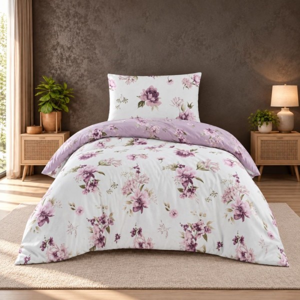 lenjerie pat 1 persoana Eliza Violet bumbac ranforce cu elastic flori lila mov si roz First Choice