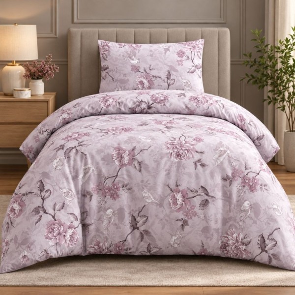 lenjerie pat 1 persoana Ibiza Lilac bumbac ranforce cu elastic flori si pasari lila First Choice