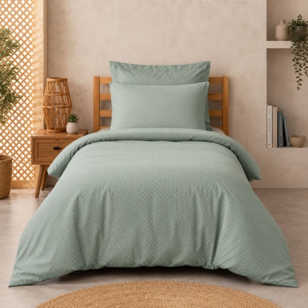 Lenjerie pat 1 persoana Cotton Box Plaid Verde Sage din bumbac ranforce cu model jacquard geometric discret