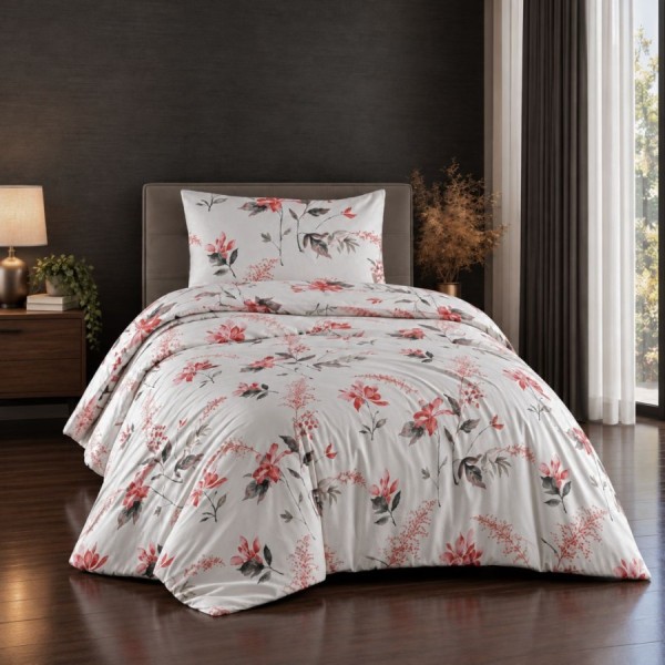 lenjerie pat 1 persoana Karen Berry bumbac ranforce cu elastic flori rosu zmeuriu si roz coral First Choice