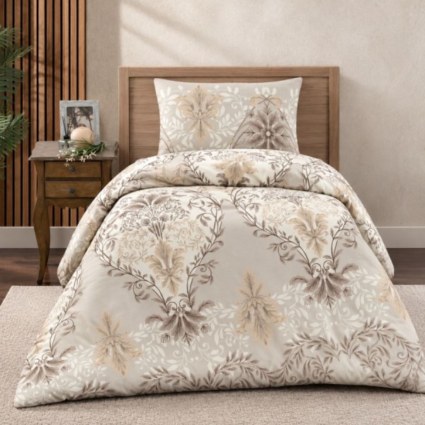 lenjerie pat 1 persoana Lara Ecru bumbac ranforce cu elastic model baroc floral bej crem si maro First Choice