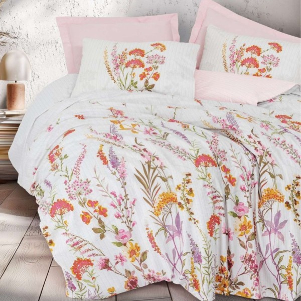 Lenjerie pat 1 persoana Cotton Box Lilura Pink bumbac ranforce cu model floral roz lila portocaliu
