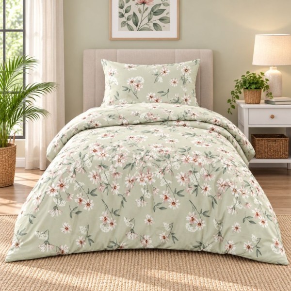 lenjerie pat 1 persoana Nevada Mint bumbac ranforce cu elastic floricele albe si roz pe fundal verde menta First Choice